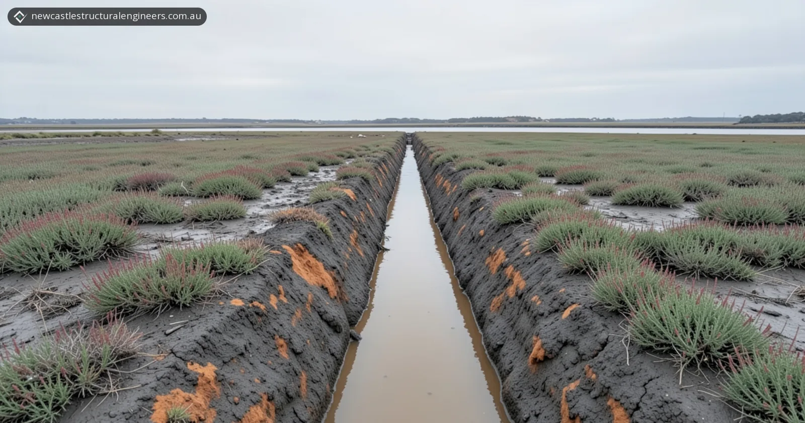 Long trench dug in dark grey wet clay with irregular orange-brown stains and murky brown water in the bottom, running across flat coastal saltmarsh towards a calm estuary under an overcast sky