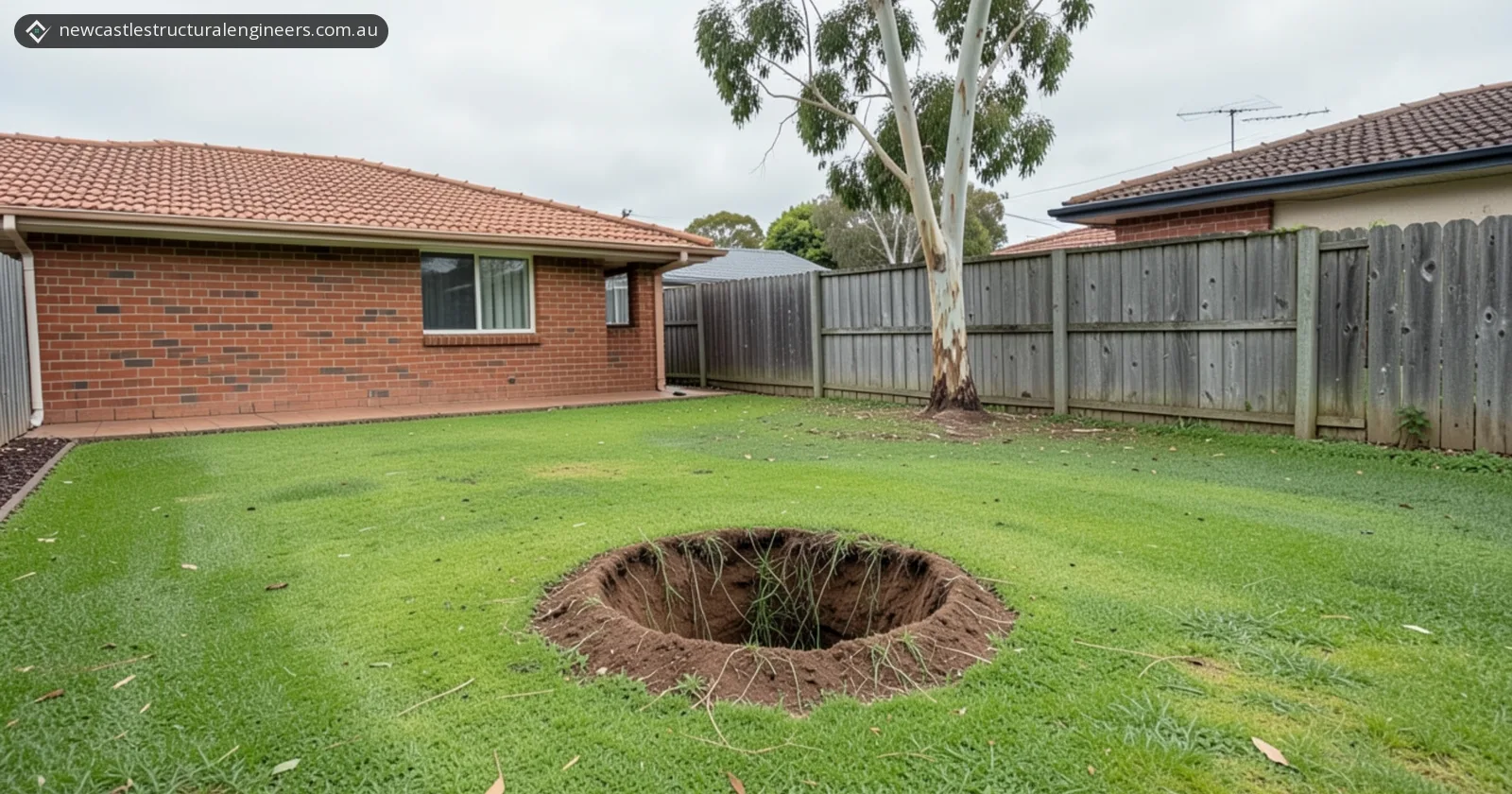 Small round collapsed hole with crumbling soil edges in a backyard lawn, with a single-storey red brick house with a tiled roof, a grey timber paling fence and a eucalyptus tree behind it, under an overcast sky
