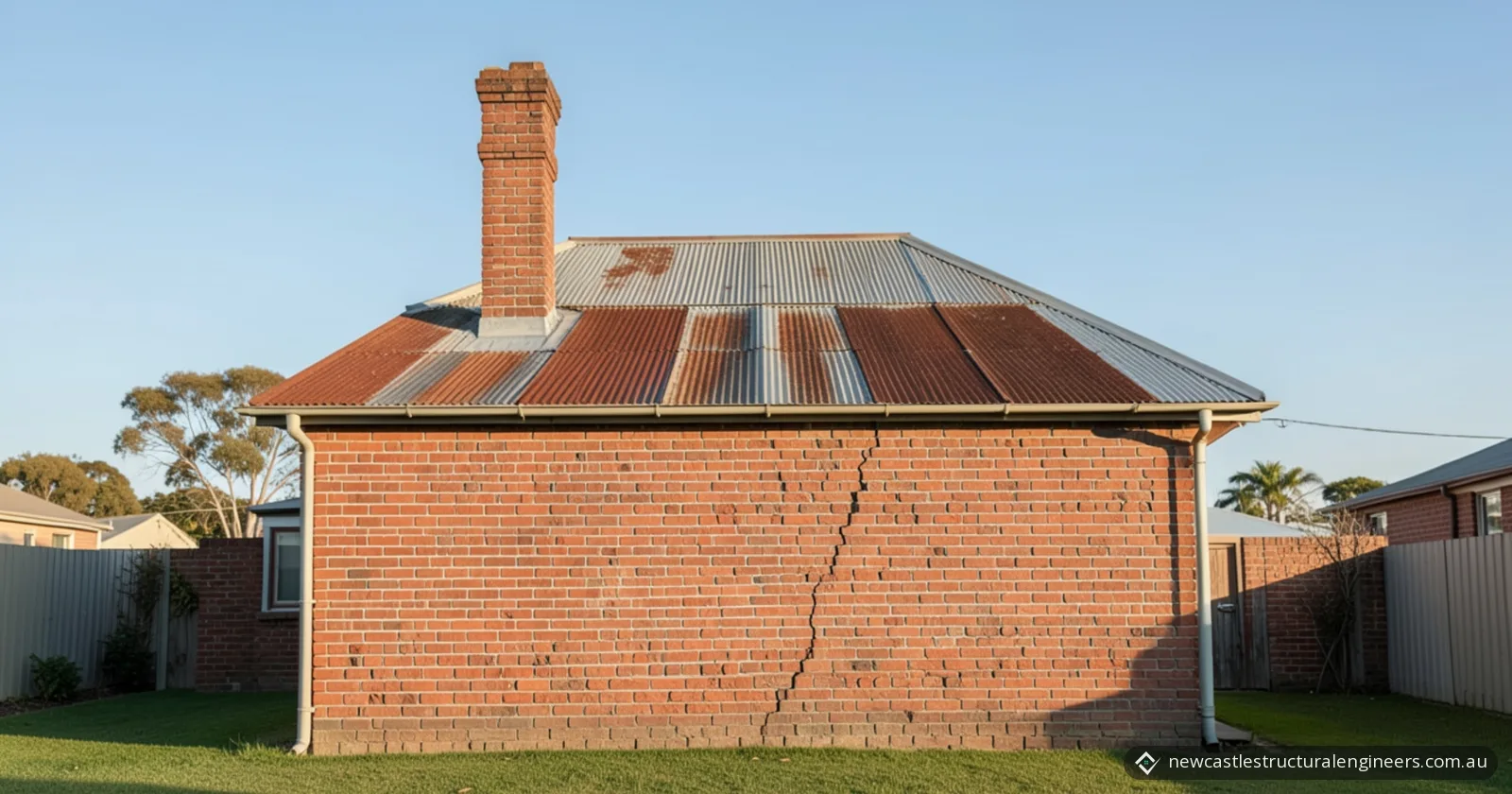 Side wall of an old red-brick cottage with a long stepped crack running down the brickwork, a tall brick chimney above a rusting corrugated iron roof, and clear blue sky