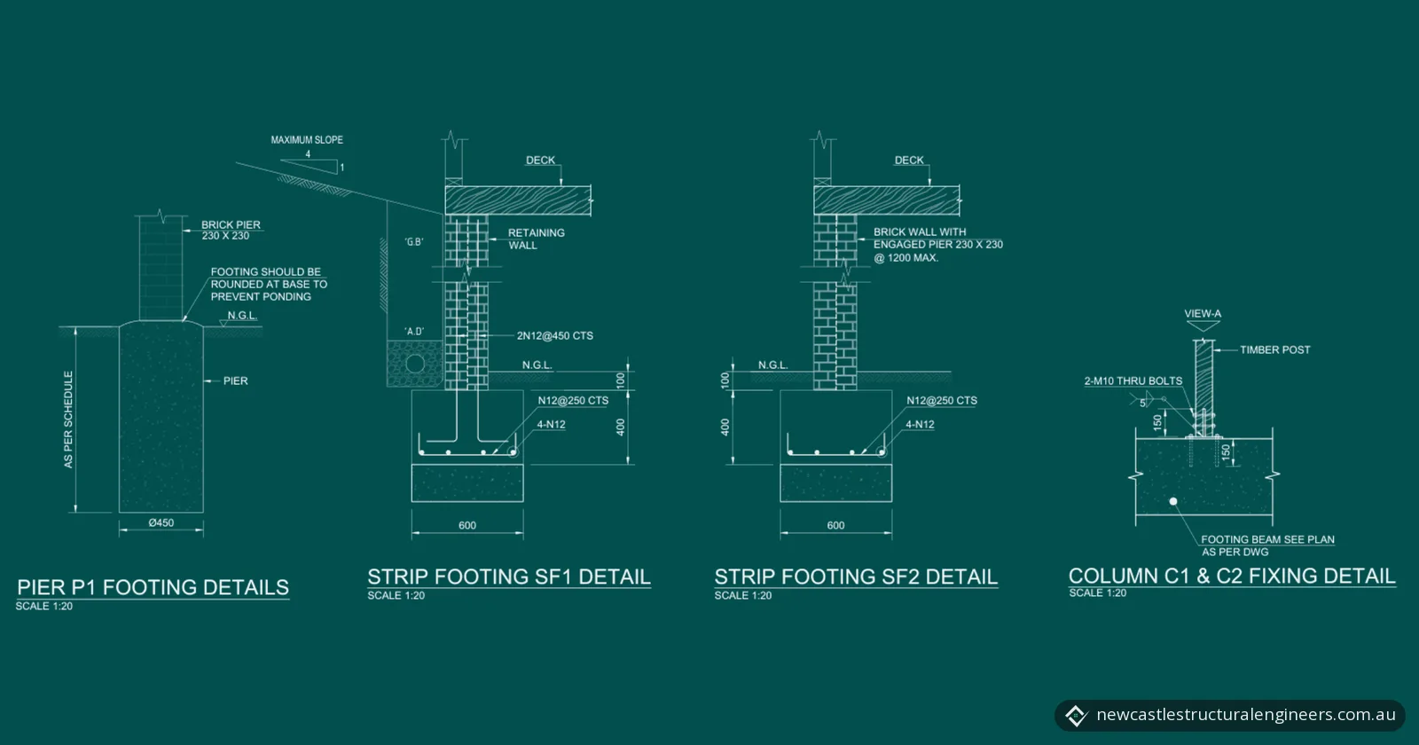 Pier, strip footing and timber post fixing details drawn as light lines on dark teal